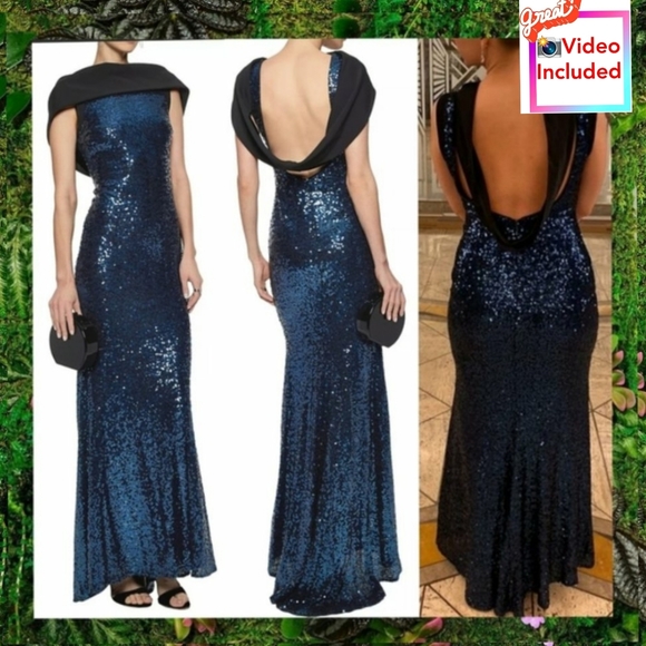 NWT BADGLEY MISCHKA Maxi Dress Blue Long Gown 2‎ XS Sequin Cowl Drape $995 - Picture 1 of 13
